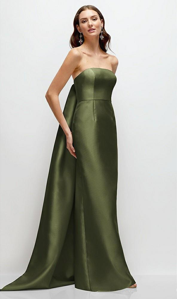 strapless satin column dress with removeable watteau train
