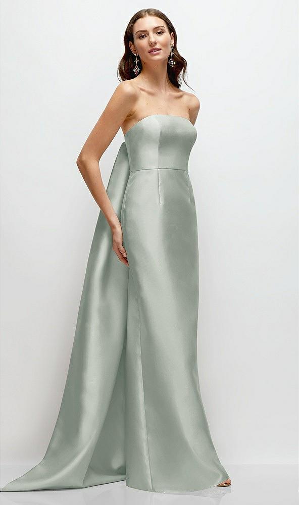 strapless satin column dress with removeable watteau train