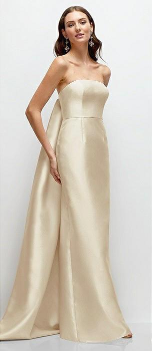 strapless satin column dress with removeable watteau train