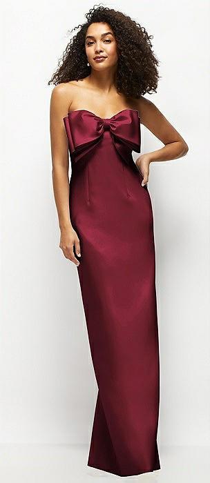 strapless satin column maxi dress with oversized handcrafted bow