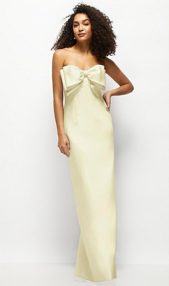 strapless satin column maxi dress with oversized handcrafted bow