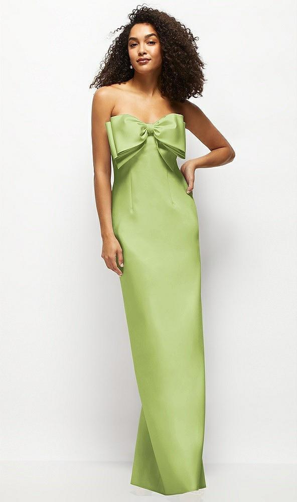 strapless satin column maxi dress with oversized handcrafted bow
