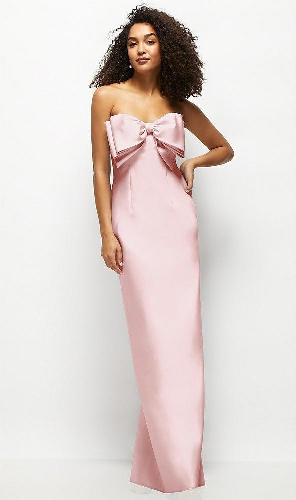 strapless satin column maxi dress with oversized handcrafted bow