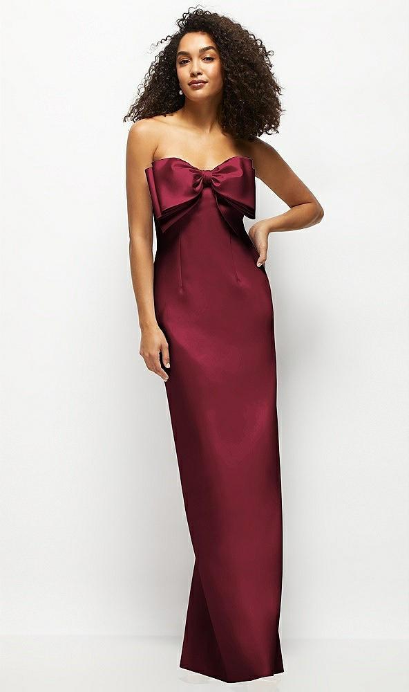 strapless satin column maxi dress with oversized handcrafted bow