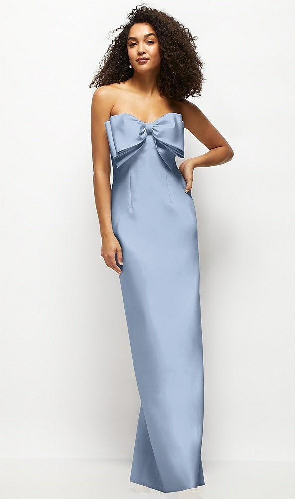 strapless satin column maxi dress with oversized handcrafted bow