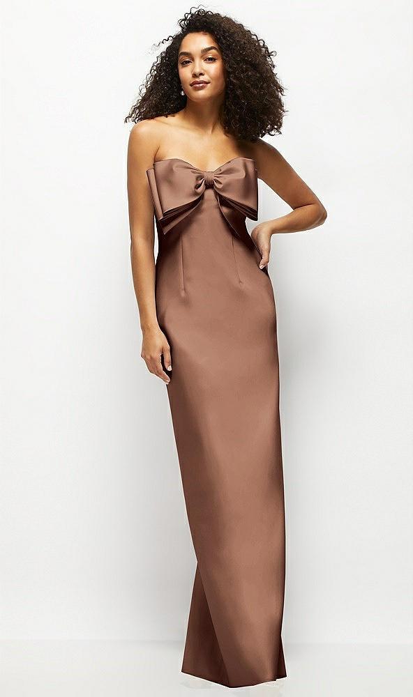 strapless satin column maxi dress with oversized handcrafted bow