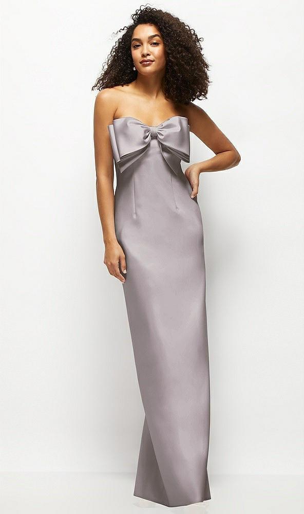 strapless satin column maxi dress with oversized handcrafted bow