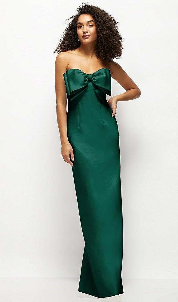 strapless satin column maxi dress with oversized handcrafted bow