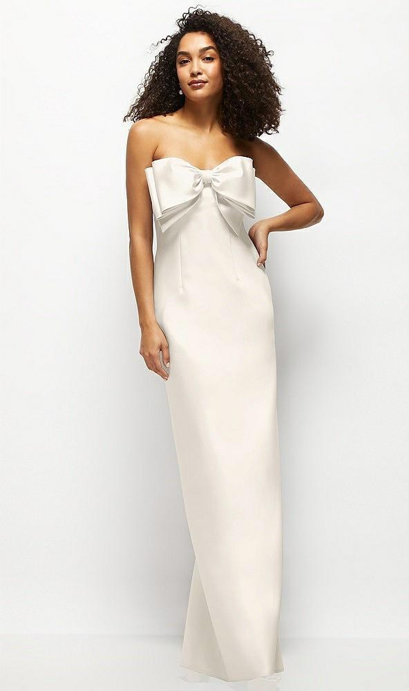 strapless satin column maxi dress with oversized handcrafted bow