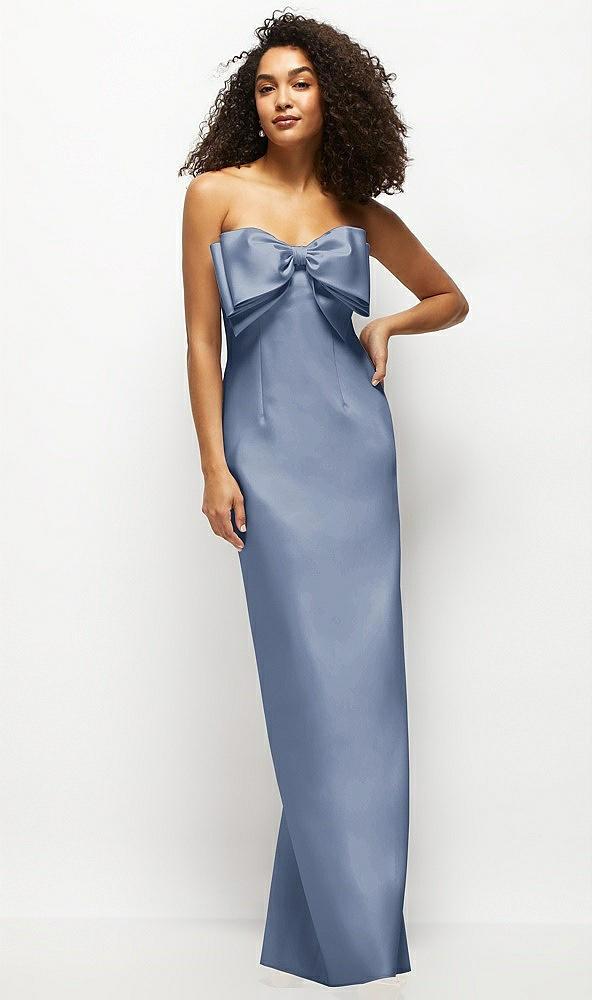 strapless satin column maxi dress with oversized handcrafted bow