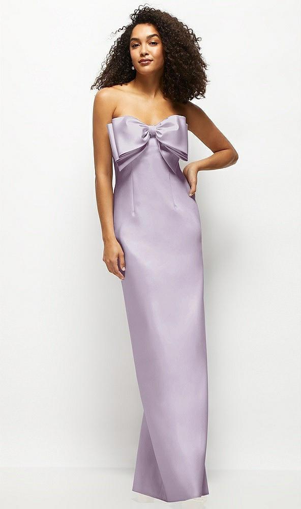 strapless satin column maxi dress with oversized handcrafted bow