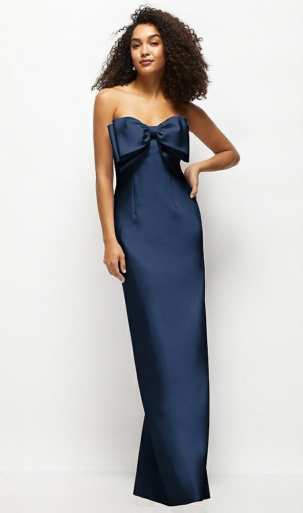 strapless satin column maxi dress with oversized handcrafted bow
