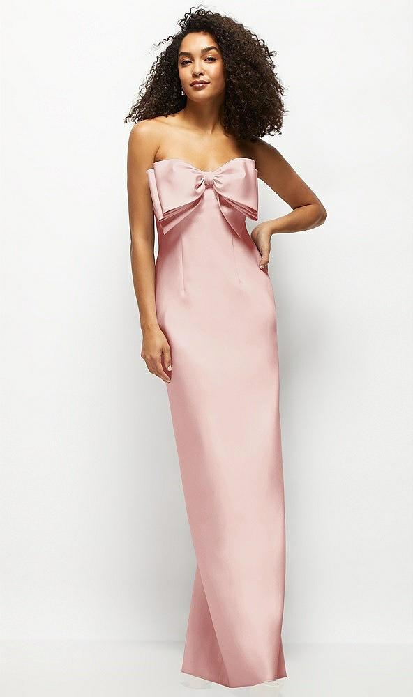 strapless satin column maxi dress with oversized handcrafted bow