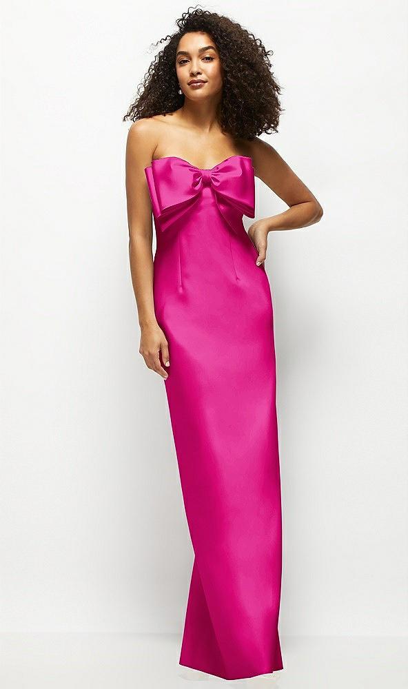 strapless satin column maxi dress with oversized handcrafted bow