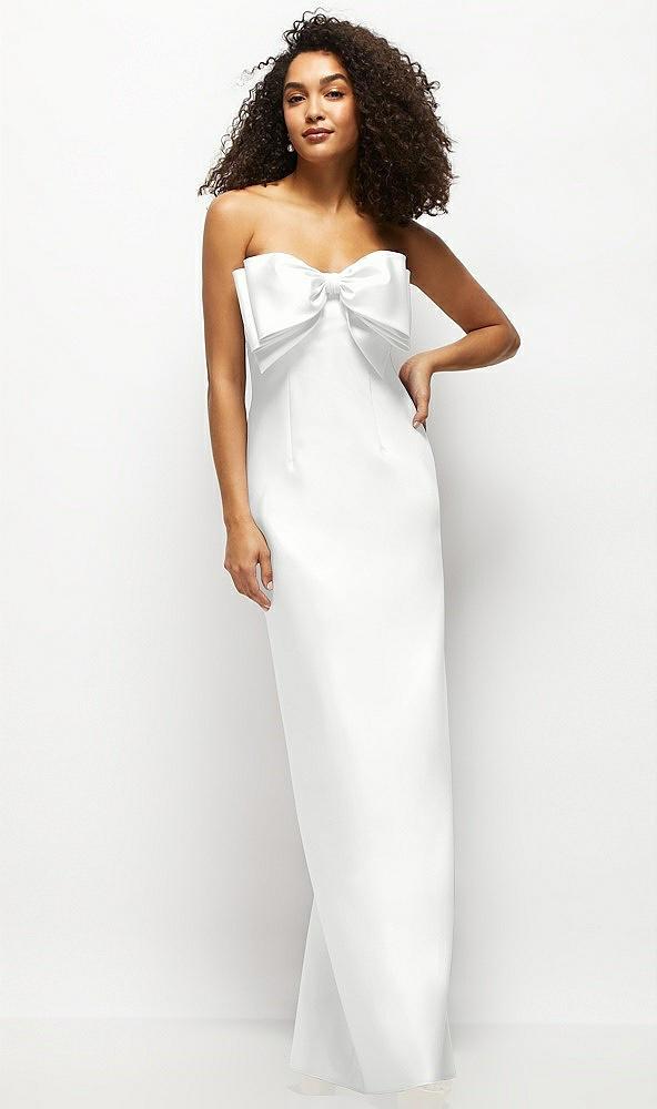 strapless satin column maxi dress with oversized handcrafted bow