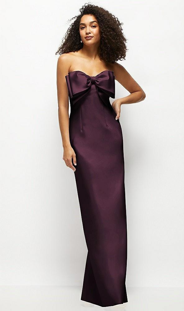 strapless satin column maxi dress with oversized handcrafted bow