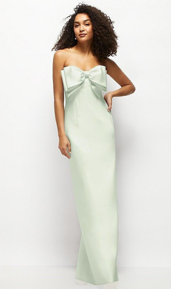 strapless satin column maxi dress with oversized handcrafted bow