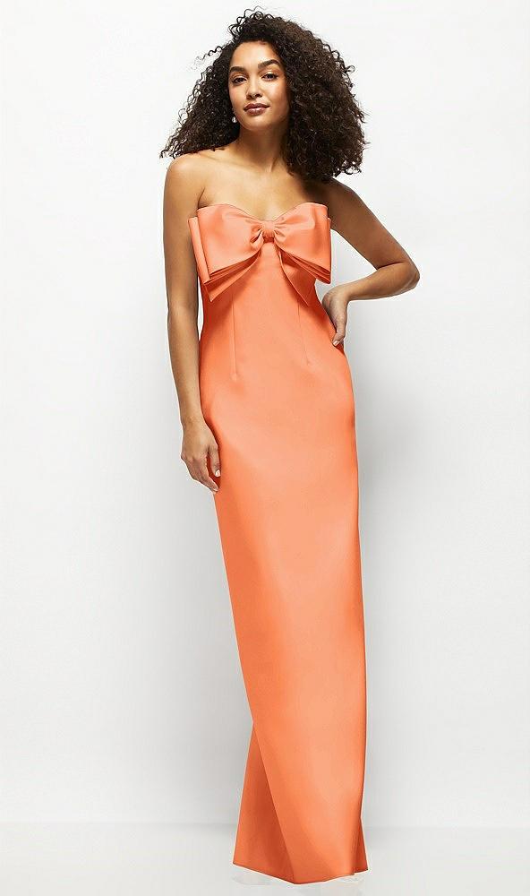 strapless satin column maxi dress with oversized handcrafted bow