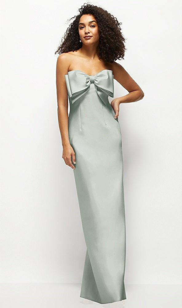 strapless satin column maxi dress with oversized handcrafted bow
