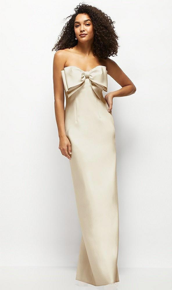 strapless satin column maxi dress with oversized handcrafted bow