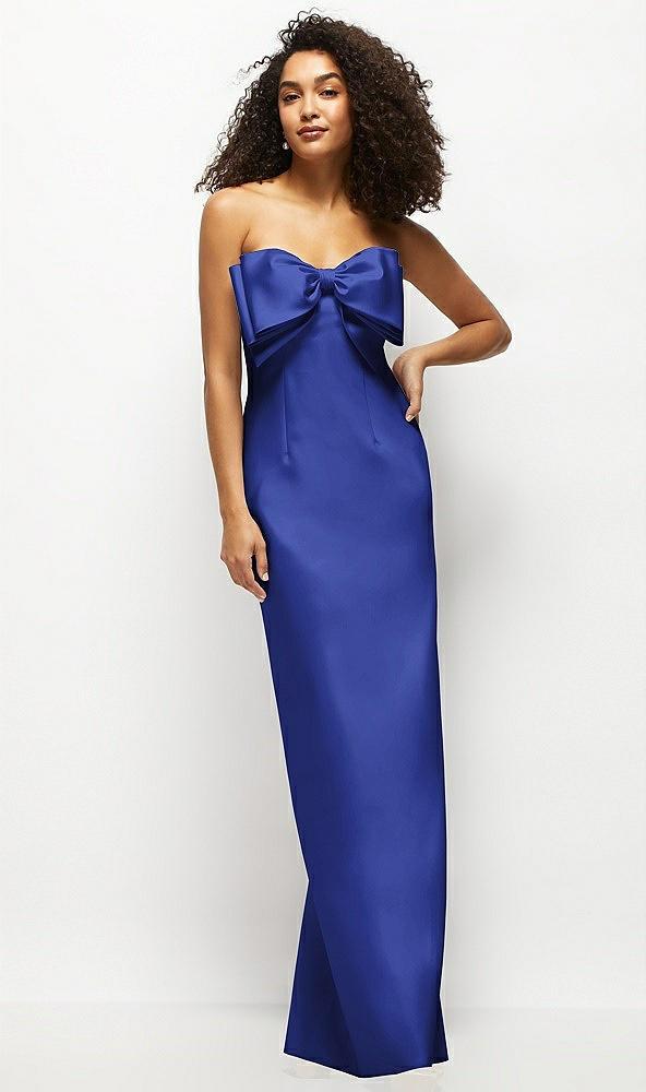 strapless satin column maxi dress with oversized handcrafted bow
