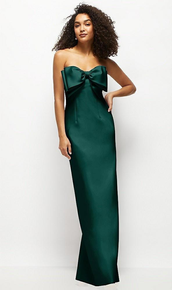 strapless satin column maxi dress with oversized handcrafted bow