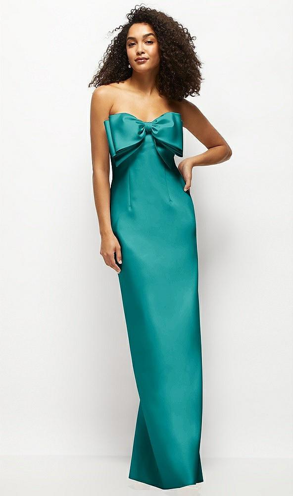 strapless satin column maxi dress with oversized handcrafted bow