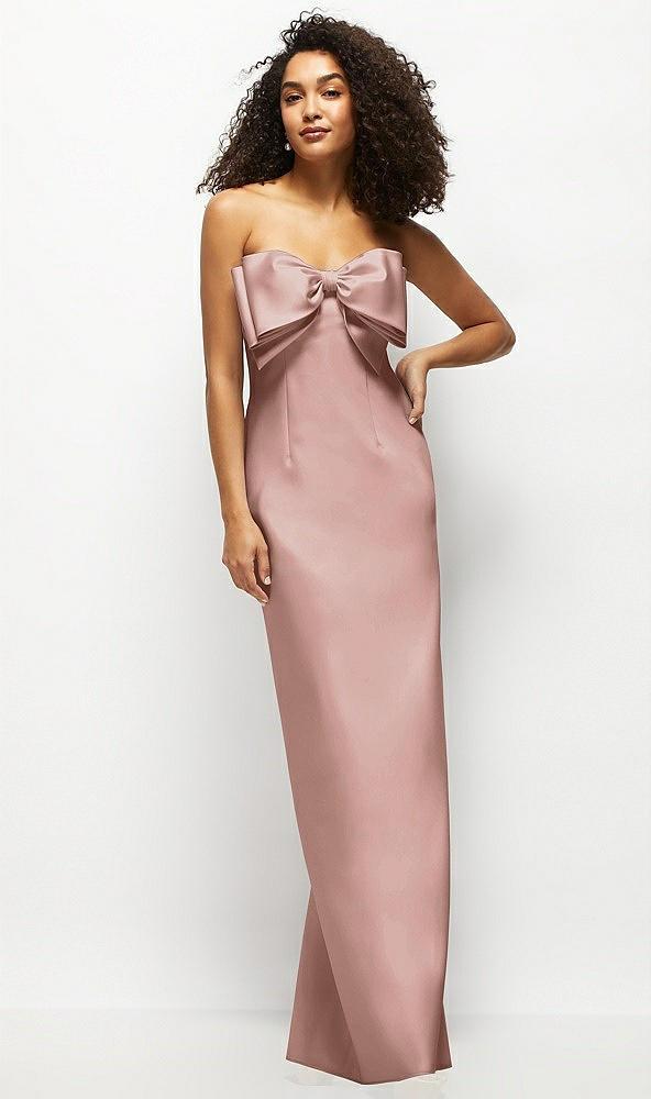 strapless satin column maxi dress with oversized handcrafted bow