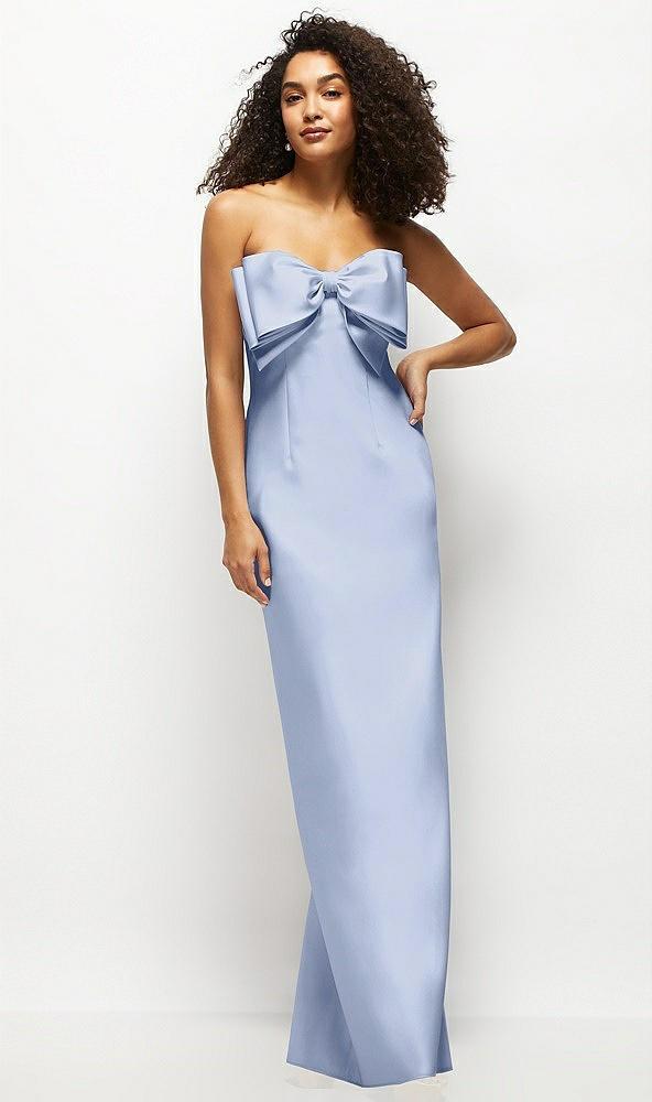 strapless satin column maxi dress with oversized handcrafted bow