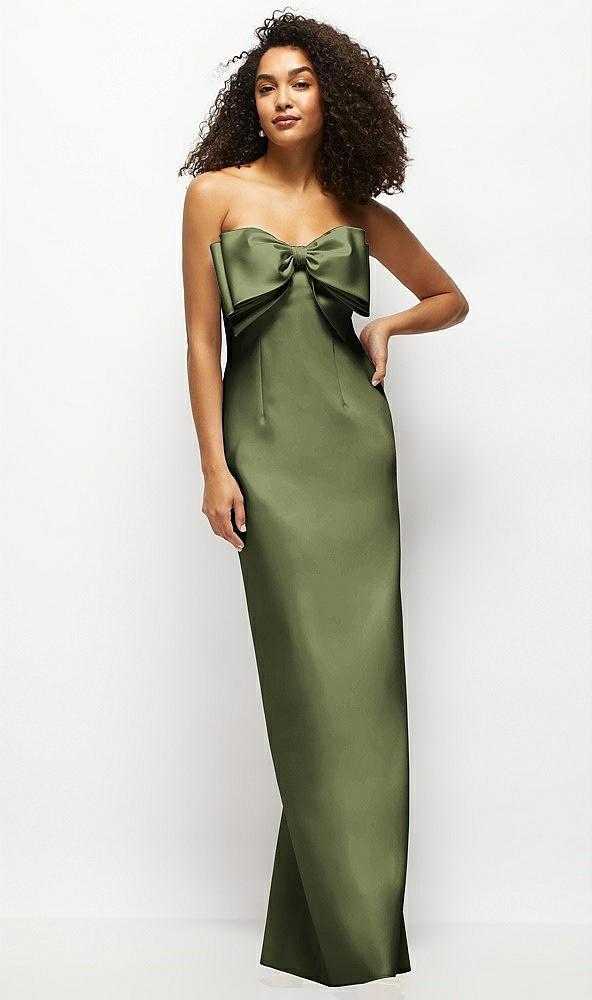 strapless satin column maxi dress with oversized handcrafted bow
