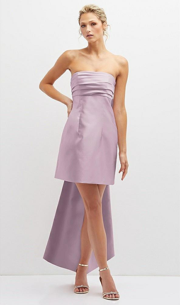 strapless satin column mini dress with oversized bow