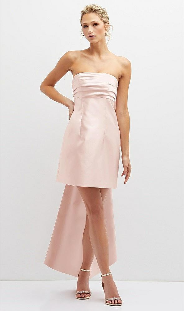 strapless satin column mini dress with oversized bow