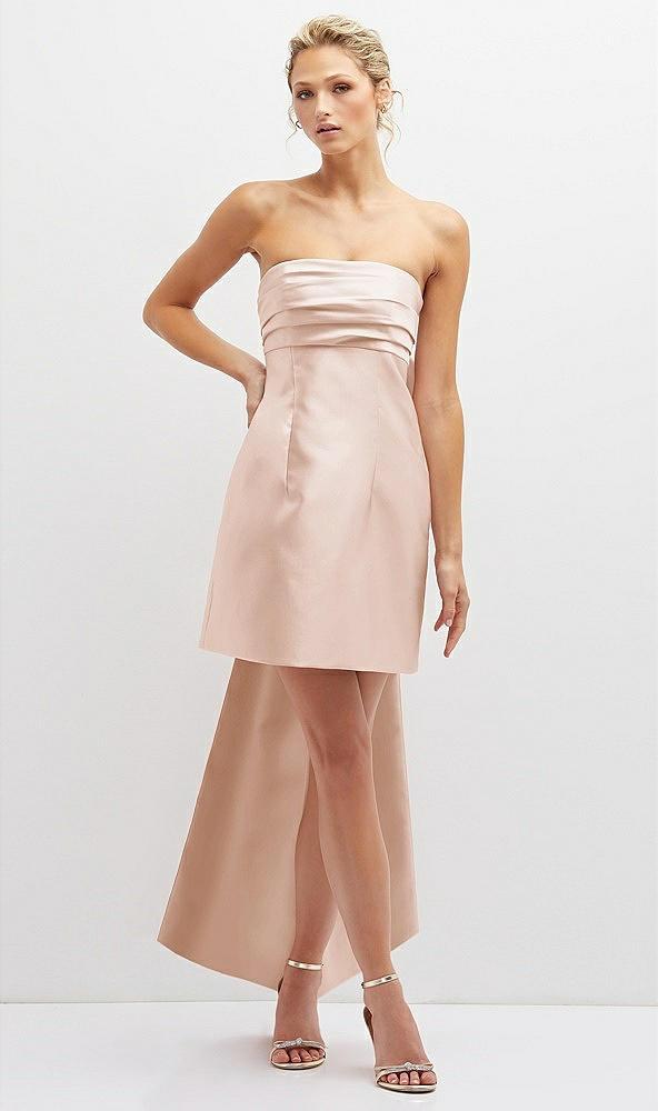 strapless satin column mini dress with oversized bow