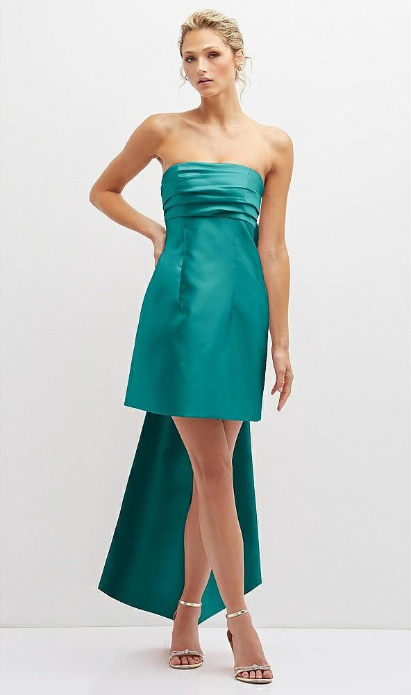 strapless satin column mini dress with oversized bow