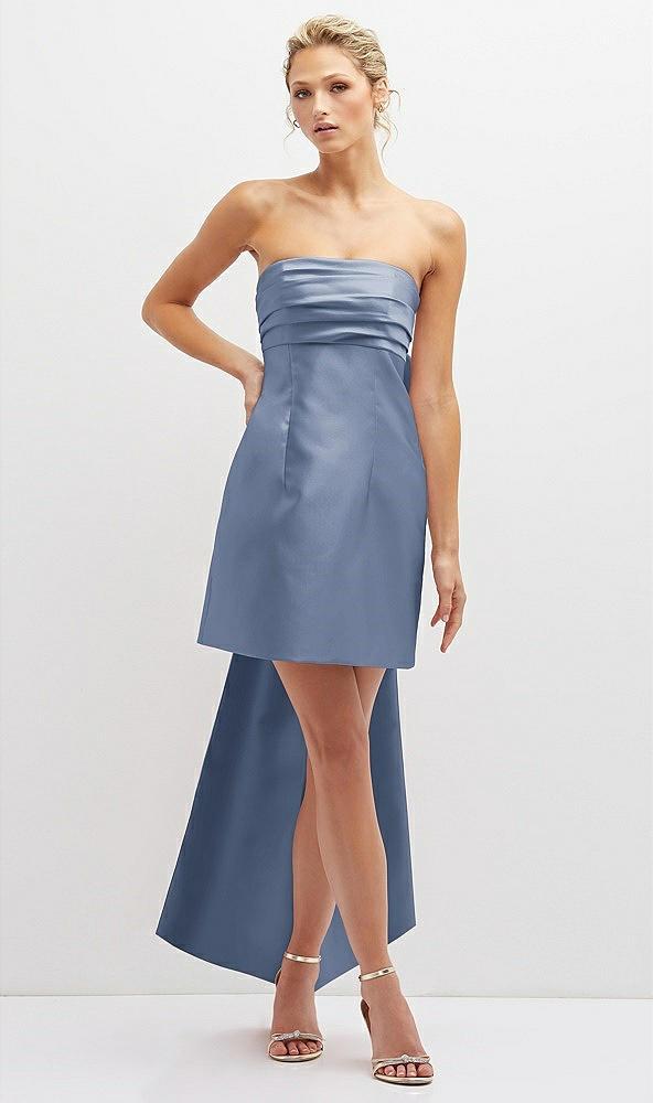 strapless satin column mini dress with oversized bow
