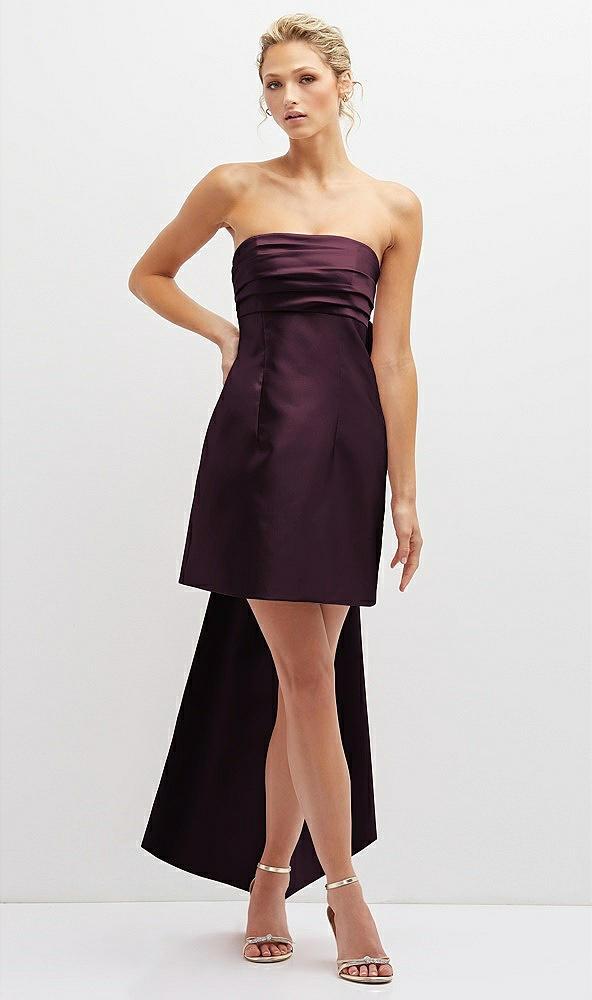 strapless satin column mini dress with oversized bow