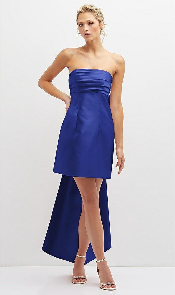 strapless satin column mini dress with oversized bow