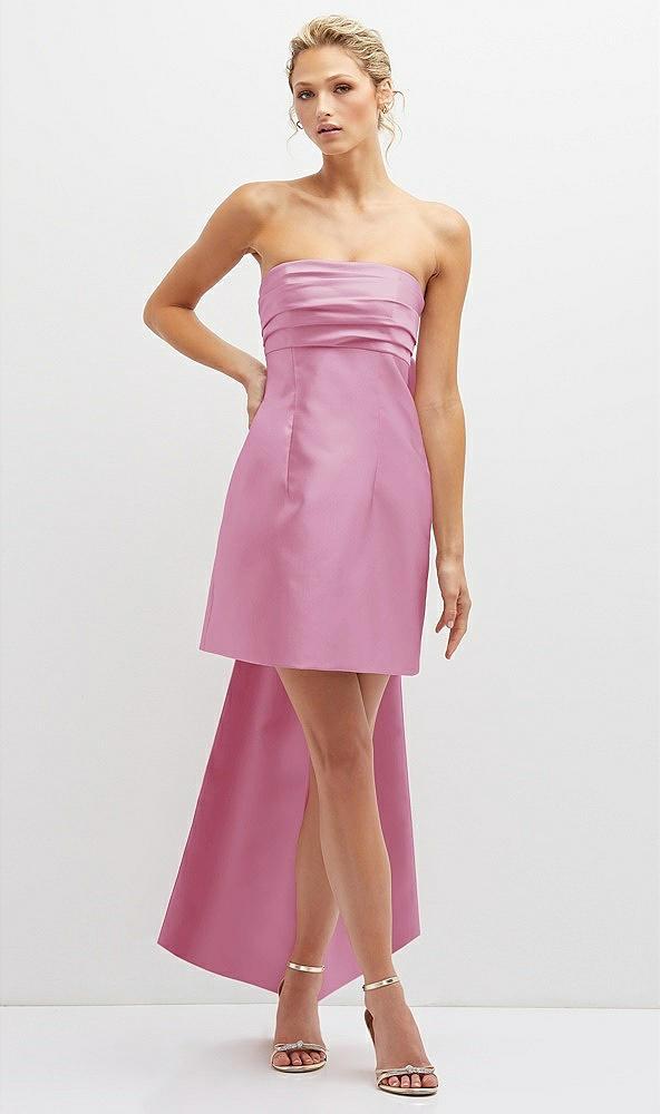 strapless satin column mini dress with oversized bow