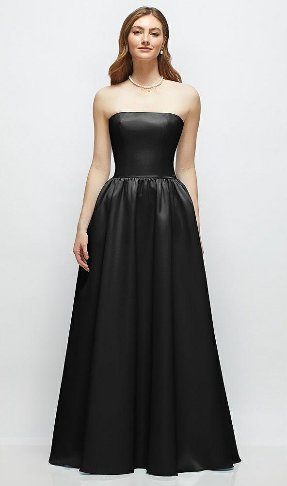 strapless satin drop waist gown with full skirt