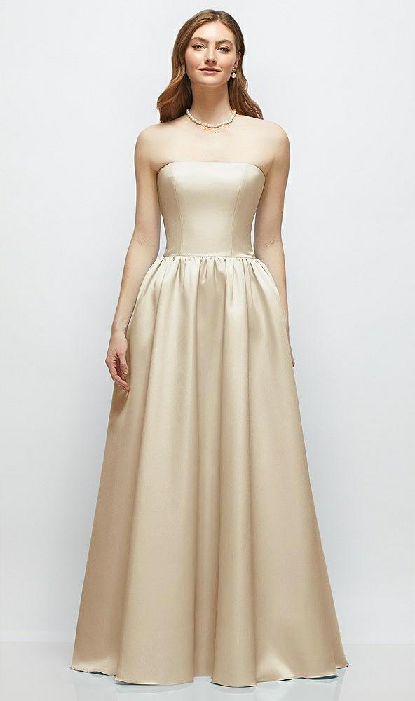 strapless satin drop waist gown with full skirt