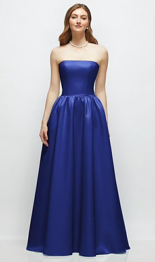 strapless satin drop waist gown with full skirt