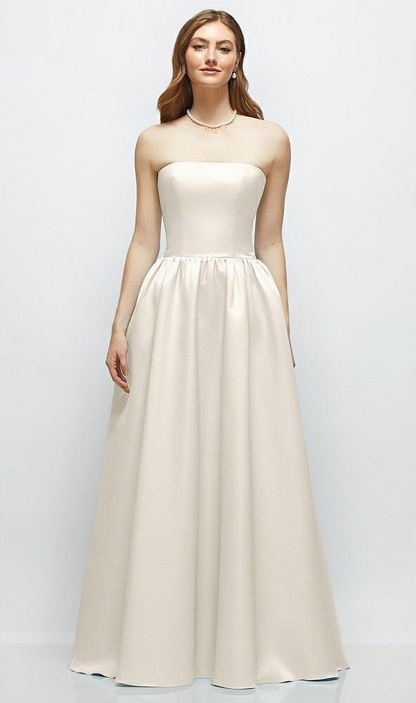 strapless satin drop waist gown with full skirt