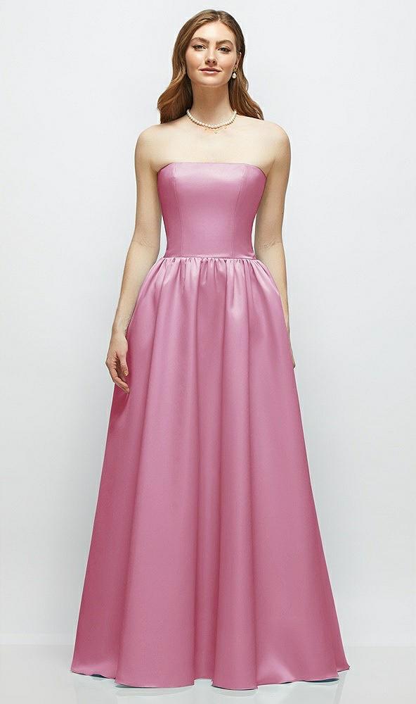 strapless satin drop waist gown with full skirt