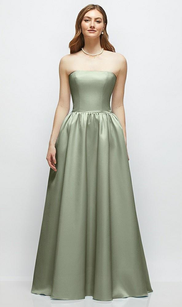 strapless satin drop waist gown with full skirt