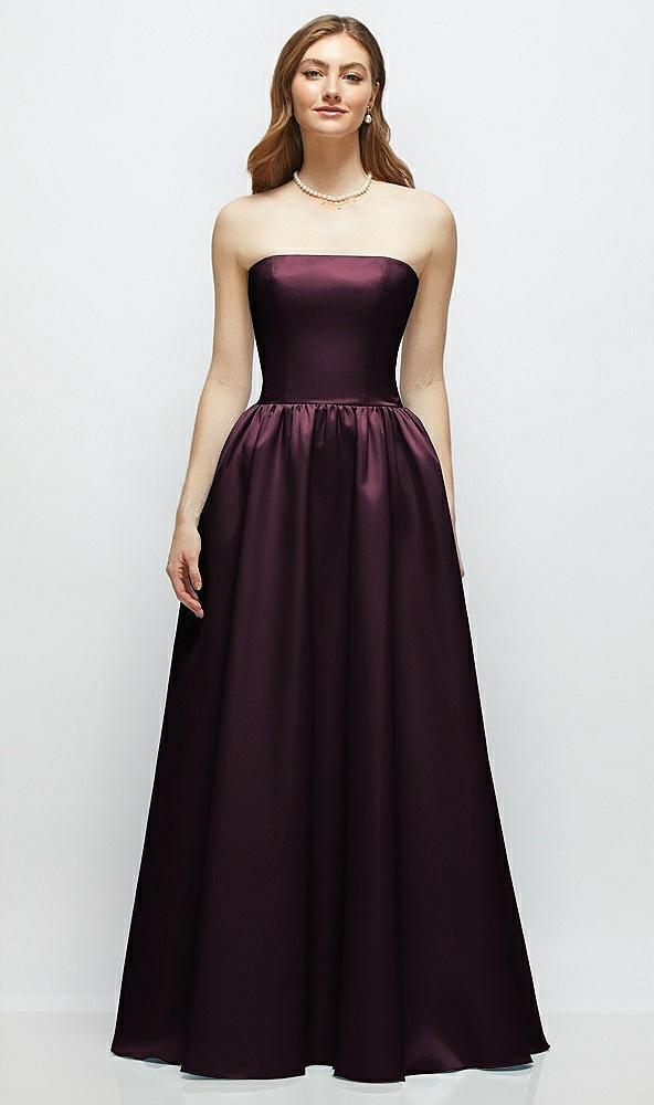 strapless satin drop waist gown with full skirt