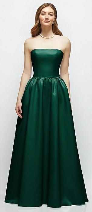strapless satin drop waist gown with full skirt