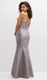 strapless satin fit and flare dress with crumb-catcher bodice