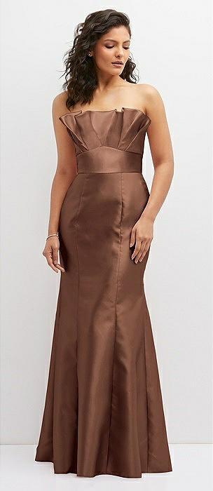 strapless satin fit and flare dress with crumb-catcher bodice