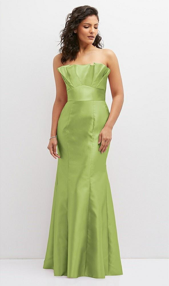 strapless satin fit and flare dress with crumb-catcher bodice