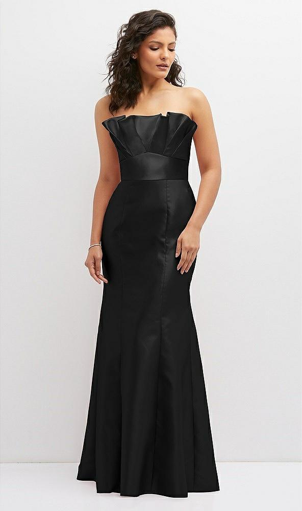 strapless satin fit and flare dress with crumb-catcher bodice